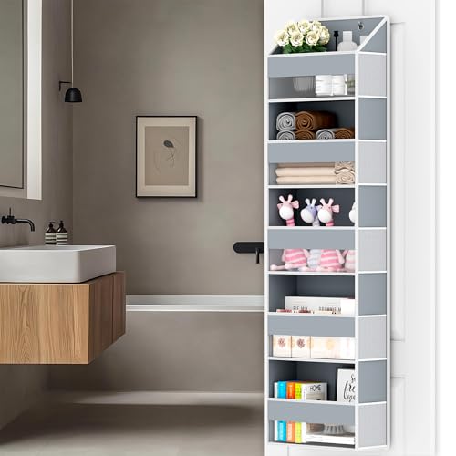 Over The Door Organizer - Over Door Storage Organizer with 5 Large Pockets & 10 Mesh Side Compartments - Heavy-Duty Hanging Storage for Bathroom, Bedroom & Closet - Baby Room Organize - Grey