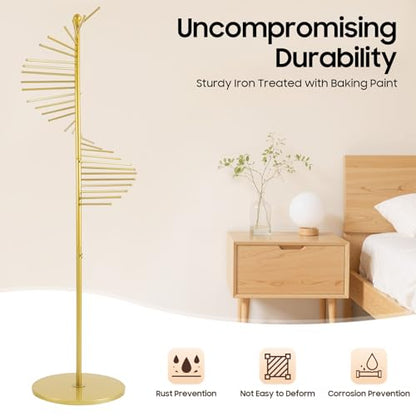 67" Freestanding Scarf Organizer, Metal Spiral Scarf Holder with 30 Rods | Gold, Commercial Hijab Organizer Belt Pants Hanger for Clothing Store Home, Space Saving Shelves