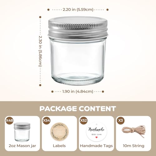 48 Pack 2 oz Mini Mason Jars Bulk Set, Small Glass Jars with Lids