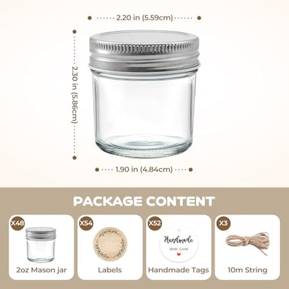 48 Pack 2 oz Mini Mason Jars Bulk Set, Small Glass Jars with Lids
