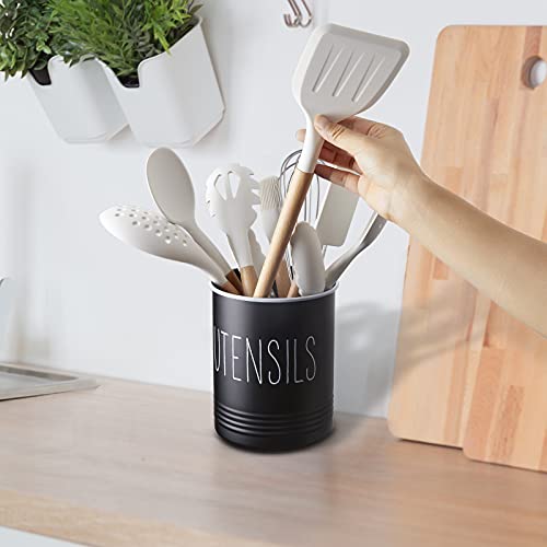 Kitchen Utensil Holder, 6.7" Utensil Holder for Kitchen Counter, Cooking Utensil Crock with Cork Bottom, Modern Farmhouse Decor, Countertop Utensil Storage Organizer Caddy, Black