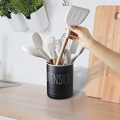 Kitchen Utensil Holder, 6.7" Utensil Holder for Kitchen Counter, Cooking Utensil Crock with Cork Bottom, Modern Farmhouse Decor, Countertop Utensil Storage Organizer Caddy, Black