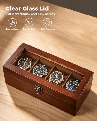 ProCase 4 Slot Wooden Watch Display Case With Glass Lid, Organizer | Elegant Wooden Watch Box With Glass Lid And Soft Lining For Men And Women, Ideal For Home Display And Birthday Gifts - Brown