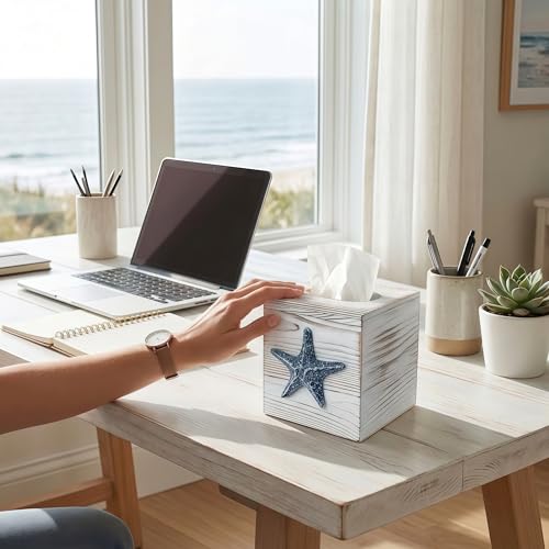Coastal Tissue Box Cover Wooden Retro with Sliding Bottom Panel Beach Decor for Bathroom Bedroom Living Room,Starfish Decor Suitable for Coastal Gifts Beach House Gifts