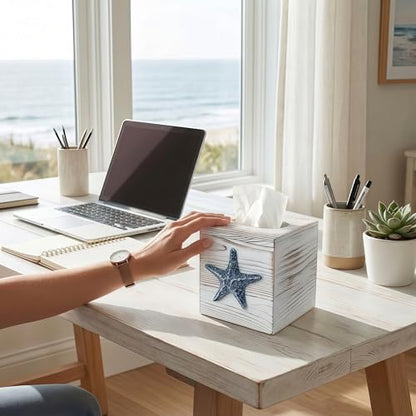 Coastal Tissue Box Cover Wooden Retro with Sliding Bottom Panel Beach Decor for Bathroom Bedroom Living Room,Starfish Decor Suitable for Coastal Gifts Beach House Gifts