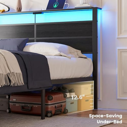 King Size Bed Frame with LED Lights and Charging Station | Black Metal Platform Bed with Wood Headboard, Sturdy Slats, No Box Spring Needed, Noise Free, Easy Assembly