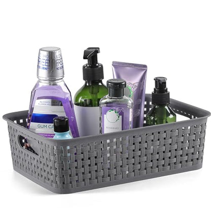 NETANY Plastic Storage Baskets - 8 Pack, Gray, Durable, Easy to Use, Flexible, Multi-Purpose, Ideal for Closets, Cabinets, Shelves, Countertops