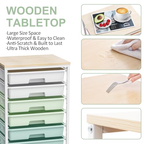 Rolling Cart with Drawers,Craft Organizers and Storage, Green | Rolling Storage Cart with 8 Drawers and Wooden Tabletop for Living Room,Office,Classroom,Craft Room,Bedroom,Dorm