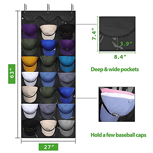Dofilachy Hat Organizer Racks for Baseball Caps, Visible Hat Holder Rack for Wall Door with 3 Hooks, 24 Deep Pockets