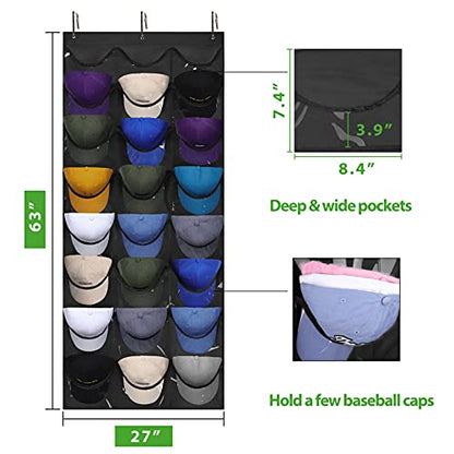 Dofilachy Hat Organizer Racks for Baseball Caps, Visible Hat Holder Rack for Wall Door with 3 Hooks, 24 Deep Pockets