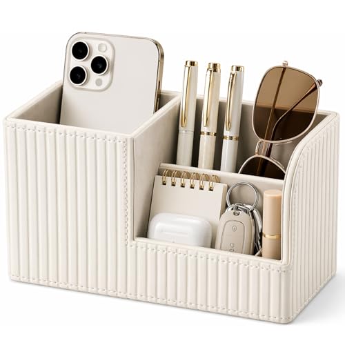 Desk Pen Organizer Office Supplies Caddy Pu Leather Multi-function Storage Box Pen/Pencil,Cell phone, Business Name Cards Remote Control Holder (Ivory White)