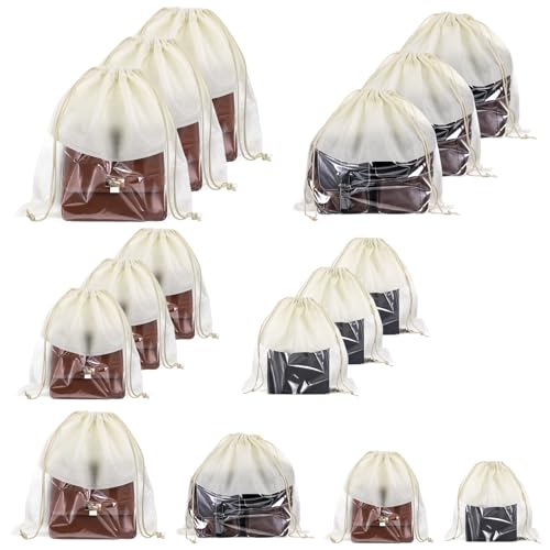 16 PCS Purse Dust Bags for Handbags Dustproof Drawstring Storage Bag with Clear Window, Non Woven Fabric Travel Shoe Storage Bag Beige Dust Cover Fabric Handbag Pouch Covers with Assorted Sizes