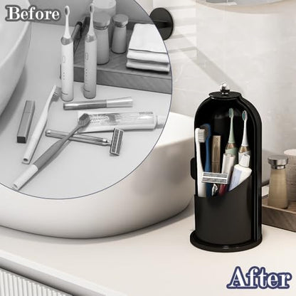 Toothbrush and Toothpaste Holders with Cover, Solid Black | Waterproof and Dustproof, 360° Rotating Base, Smooth Sliding Door, 3 Slots, for Bathroom Countertop