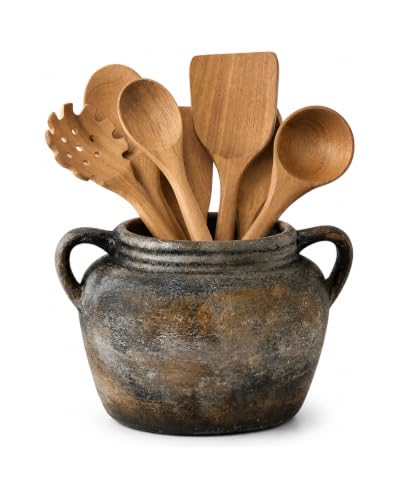 Rustic Utensil Holder for Kitchen Counter - Vintage Utensil Crock | 9.4" x 6.3" Wide Opening Ceramic Organizer, Handcraft Pottery Farmhouse Decor