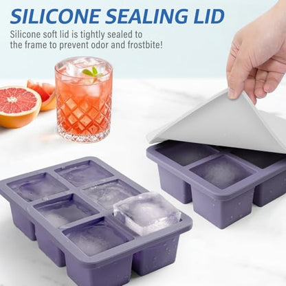 Large Silicone Ice Cube Trays with Lids, 2 Pack, Makes 2-Inch Cubes | Food-Grade Silicone, Steel-Reinforced Rims, Easy-Release, Stackable for Whiskey, Cocktails, Juice, Soup & Meal Prep