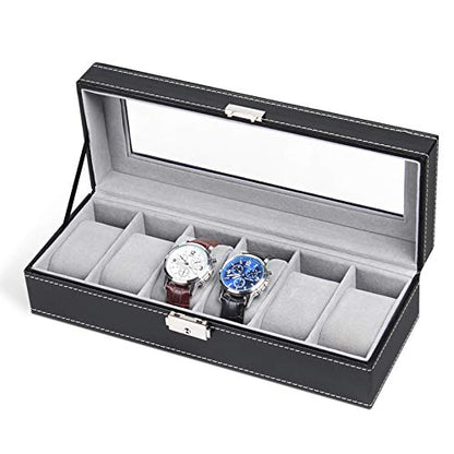 NEX 6 Slots Watch Box Organizer for Men, Black Watch Holder Display Case | Watch Storage Case