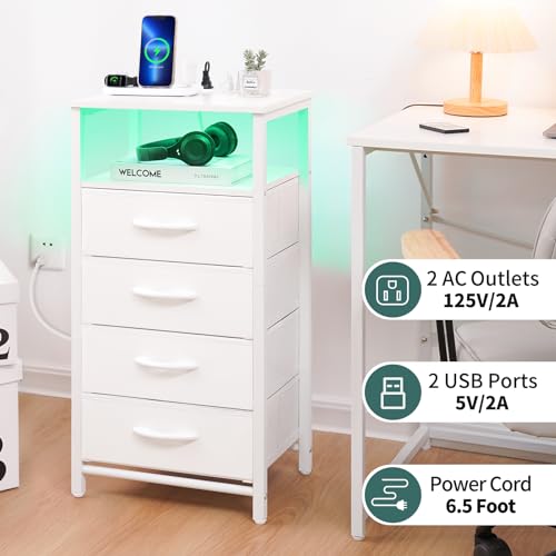 Yoobure Night Stand - LED White Nightstand with Charging Station for Dorm | Bedside Table with 4 Storage Drawers and Storage Shelf, End Table with USB Ports and Outlets, Tall Nightstand for Bedroom