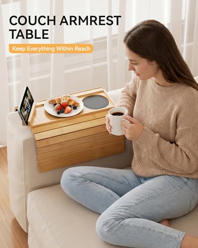 Yofidra Couch Armrest Table, Bamboo Sofa Arm Tray with 360° Rotating Phone Stand, 3 in 1 Foldable Couch Cup Holder with Non-Slip Pad, Sofa Organizer for Drink Remote Phone Snacks, Yellow