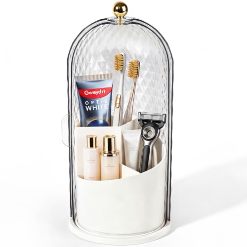 3 Slots Rotating Toothbrush Holders with Lid for Bathroom | Coverd Tooth Brush Holders for Countertop, Concealed Makeup Brush Holder, Toothpaste Holder-White