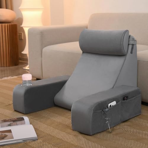 19" Reading Pillow for Bed with Firm Back Support & Big Pockets | Back Pillow for Bed Sitting Up/Watching TV/Nursing/Recovery/Gaming,with Cup Space,High Density Foam Filling,Stone Grey