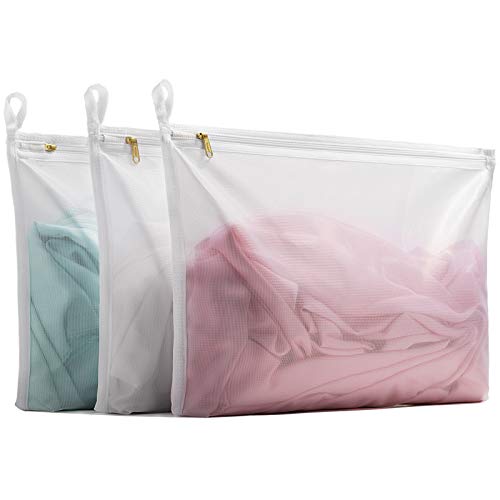 TENRAI Delicates Laundry Bags, Bra Fine Mesh Wash Bag for Underwear, Lingerie, Bra, Pantyhose, Socks, Use YKK Zipper, Have Hanger Loops,((0 Fluorescent Cloth White, 3 Medium, CQS)
