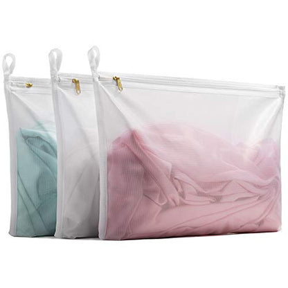 TENRAI Delicates Laundry Bags, Bra Fine Mesh Wash Bag for Underwear, Lingerie, Bra, Pantyhose, Socks, Use YKK Zipper, Have Hanger Loops,((0 Fluorescent Cloth White, 3 Medium, CQS)