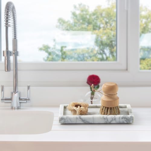 Natural Small Marble Vanity Tray, Stone Organizer for Bathroom & Kitchen | Real stone tray, unique veining. Non-resin, non-ceramic. Holds soap, jewelry, perfume. Non-slip felt. Polished.