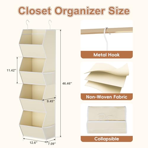 Hanging Closet Organizer 4 Shelf Collapsible Fabric Closet Organizers and Storage Hanging with Mesh Pocket for Clothes, Hanging Wardrobe Organizers and Storage for Sweater T-Shirt Shoes Toys, Beige