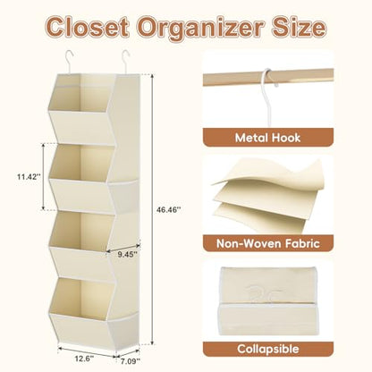 Hanging Closet Organizer 4 Shelf Collapsible Fabric Closet Organizers and Storage Hanging with Mesh Pocket for Clothes, Hanging Wardrobe Organizers and Storage for Sweater T-Shirt Shoes Toys, Beige