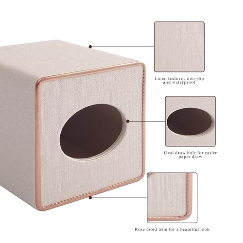 Linen Square Tissue Box Cover,Cube Tissue Box Holder－Excellent Rosegold Leather Decoration,Table Napkin Case Dispenser,Facial Tissues Organizer with Magnetic Bottom for Home Office Car(Beige)