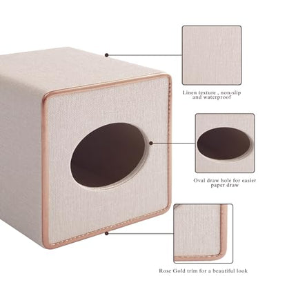 Linen Square Tissue Box Cover,Cube Tissue Box Holder－Excellent Rosegold Leather Decoration,Table Napkin Case Dispenser,Facial Tissues Organizer with Magnetic Bottom for Home Office Car(Beige)