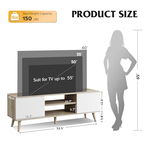 WLIVE Mid-Century Modern TV Stand for 55/60 Inch TV, Entertainment Center with Storage & Adjustable Shelves, Media Console with Soft-Close Cabinets for Living Room/Bedroom, Greige White