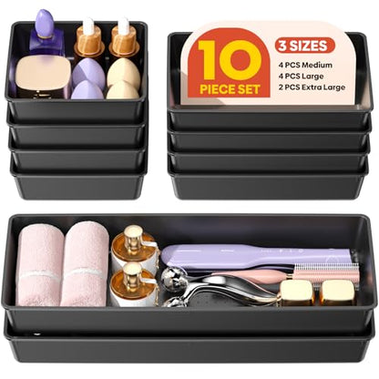 10 Pack Large Size Plastic Drawer Organizers Set, 3 Sizes Desk Drawer Organizer Trays, Storage Bins for Vanity, Makeup, Bathroom, Kitchen Utensils and Office (Black)