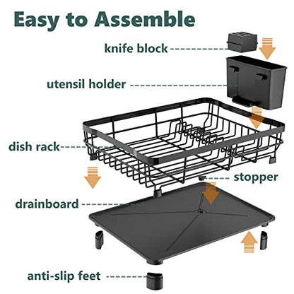 AIDERLY Metal Dish Drying Rack Automatic Drainage, Black, Large | Removable Cutlery Basket, Drainboard & Knife Slots, Dish Drainers, for Kitchen Counter Sink