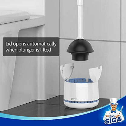 MR.SIGA Toilet Plunger with Holder, Plungers for Bathroom Heavy Duty, White | Automatic lid design, sturdy long handle, heavy duty toilet plunger and holder set, toilet clog remover