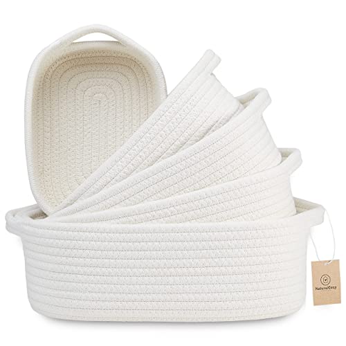 5-Piece Rectangle Storage Basket Set- Natural Cotton Rope Woven for Organizing! Small Basket for Montessori, Baby Nursery, Dog Toy Baskets, Cat Toy Box, Bathroom Organization Bin