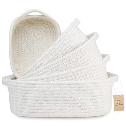 5-Piece Rectangle Storage Basket Set- Natural Cotton Rope Woven for Organizing! Small Basket for Montessori, Baby Nursery, Dog Toy Baskets, Cat Toy Box, Bathroom Organization Bin