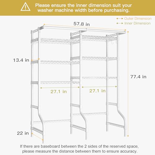 U13 Medium Over Washer and Dryer Storage Shelves, 6 Tiers Laundry Rack | Metal Clothes Drying Rack Space Saver with 2 Hanger Rods and Hooks, Laundry Room Standing Shelf Above Washer Dryer, White