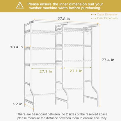 U13 Medium Over Washer and Dryer Storage Shelves, 6 Tiers Laundry Rack | Metal Clothes Drying Rack Space Saver with 2 Hanger Rods and Hooks, Laundry Room Standing Shelf Above Washer Dryer, White
