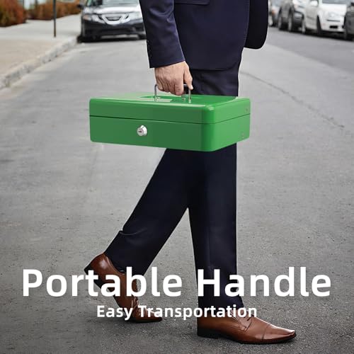 Cash Box with Lock Key and Money Tray - Large Money Box for Cash Register, Metal Lock Box for Money Safe 11.8" x 9.4" x 3.54" Green