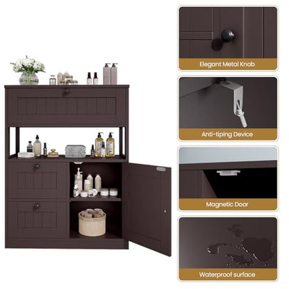 Bathroom Cabinet, Modern Bathroom Floor Storage Cabinet Organizer with 1 Door and 3 Drawers, Freestanding Cupboard for Kitchen/Living Room Use