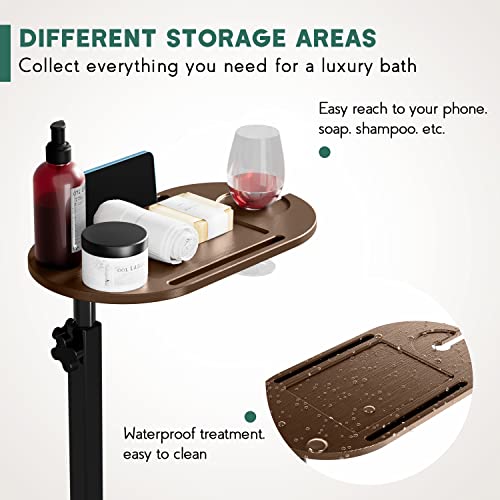 Bamboo Bathtub Tray Table with Adjustable Height and Freestanding | Bath Table Caddy Side Table for Tub Against Wall, Tub Shelf with Wine Glass Phone Holder - Patent Protected (Brown)