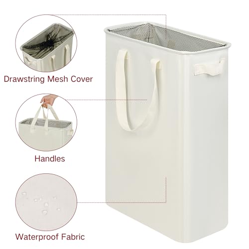 Slim Laundry Basket, Narrow Laundry Hamper with Ha... (Beige | Fabric)