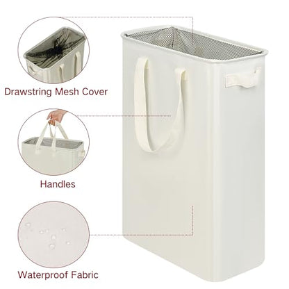 Slim Laundry Basket, Narrow Laundry Hamper with Ha... (Beige | Fabric)