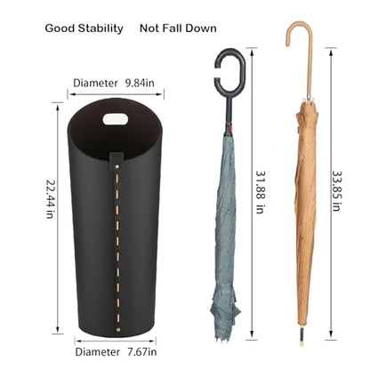 Black Umbrella Holer for Entryway with Drip Tray and 2 Steel Hooks Leahter Tall 22.44 Inches Umbrella Stand Rack Indoor Can Store 10 Golf Umbrellas or Crutches Toy Swords etc