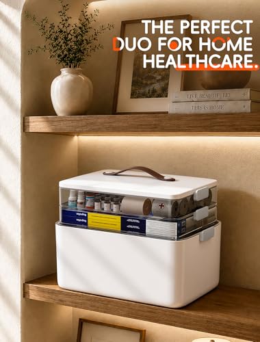 Medicine Organizer Box, 3-Tier Medicine Storage Box with Clear Trays and Carry Handle, Empty First Aid Kit Organizer for Pills, Bottles, Bandages, Home Cabinet