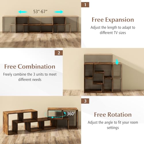 Giantex Free-Combination TV Stand for Bedroom - Entertainment Center for 50 55 60 65 Inch TV, 3-Piece Media Console Table with Storage Cubes, Deformable Open Storage Bookcase Shelf (Brown)