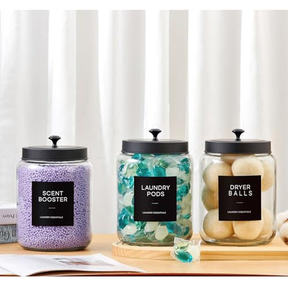 Glass Jars Laundry Containers with Lid, 0.5 Gallon Laundry Organization and Storage Jars, Laundry Detergent Container Laundry Powder Pods Holder, Glass Jar Wide Mouth with Scoops, Labels, 4 Pack