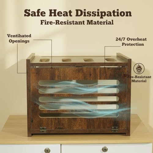 Wooden Router Box with Cable Management | WiFi Modem Storage Organizer Shelf with Ventilation Holes, Brown