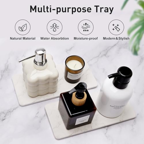 2 Water Absorbing Stone Drying Trays for Bathroom Sink Kitchen Soap Counter | Soap Dish Dispenser Sponge Holder White Ceramic Bathroom Vanity Quick Dry Stone Mat for Kitchen Sink Marble Diatomite Tray